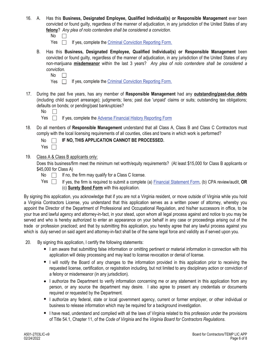 Form A501-2703LIC Temporary License Application - Virginia, Page 6