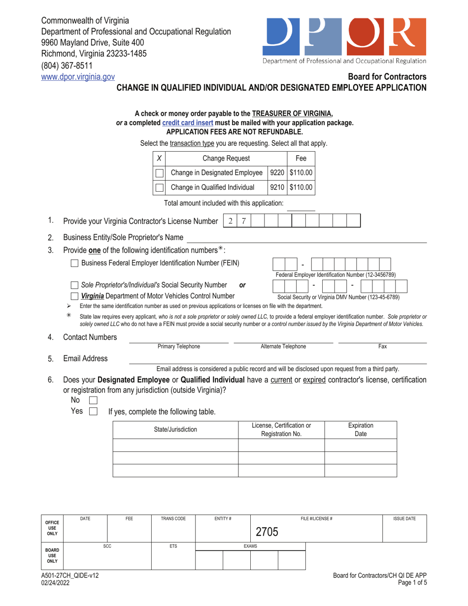 Form A501-27CH_QIDE Change in Qualified Individual and / or Designated Employee Application - Virginia, Page 1