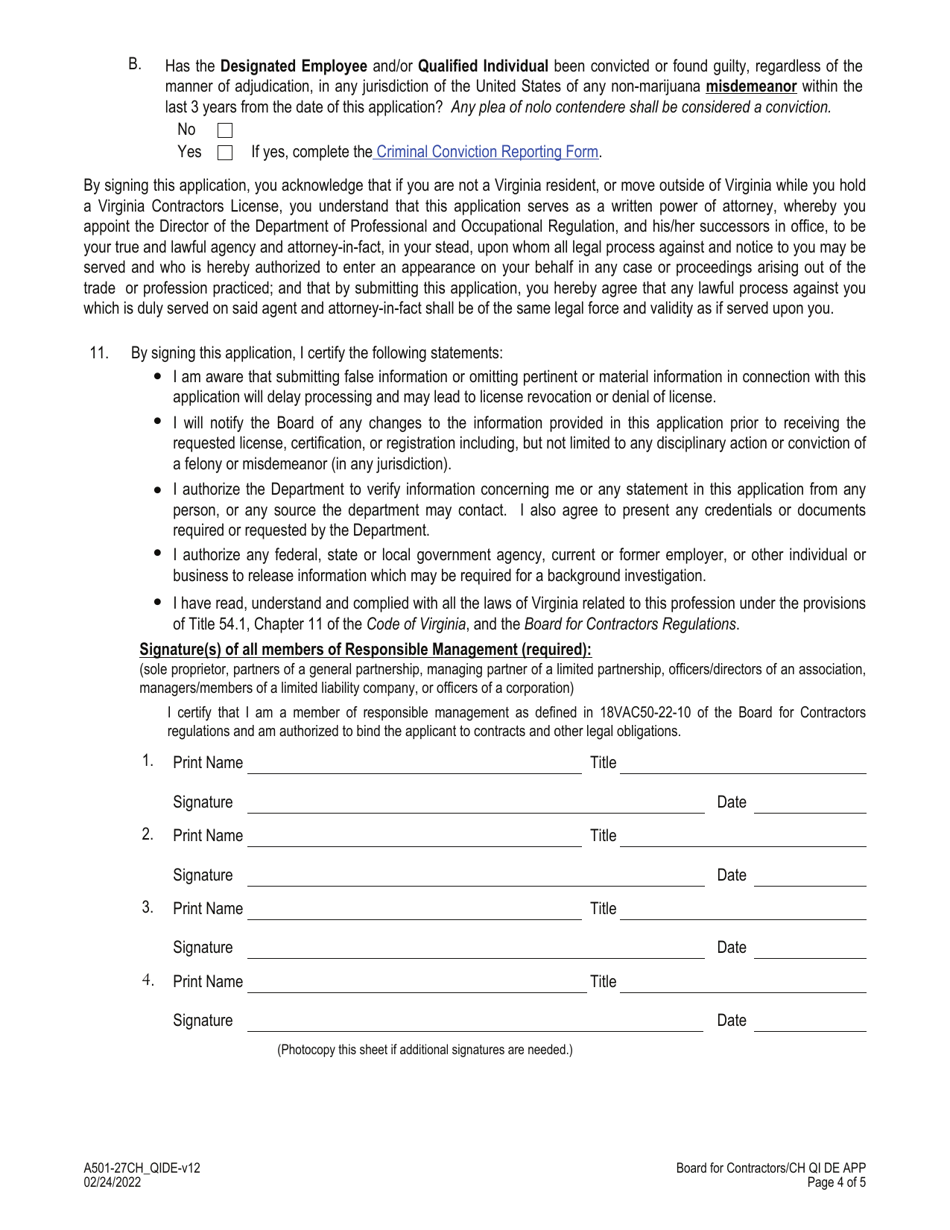 Form A501-27CH_QIDE Change in Qualified Individual and / or Designated Employee Application - Virginia, Page 4