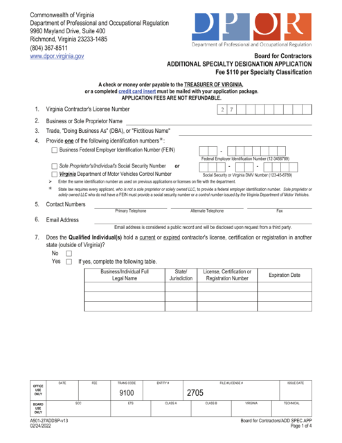 Form A501-27ADDSP  Printable Pdf