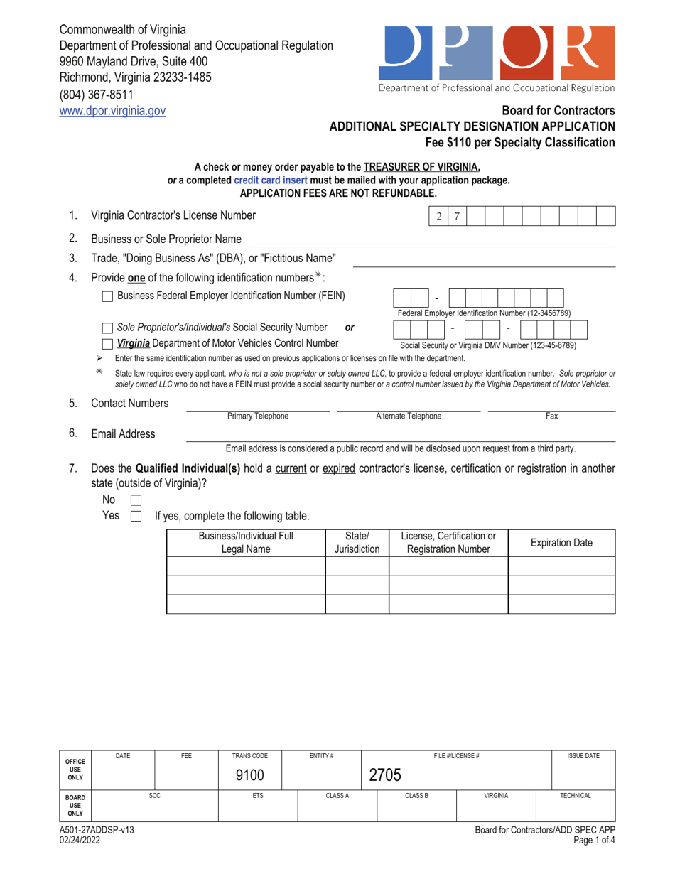Form A501-27ADDSP Additional Specialty Designation Application - Virginia, Page 1