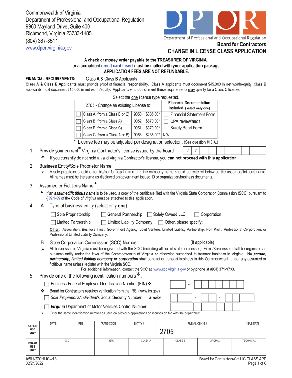 Form A501-27CHLIC Change in License Class Application - Virginia, Page 1