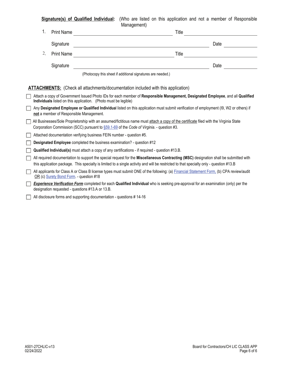 Form A501-27CHLIC Change in License Class Application - Virginia, Page 6