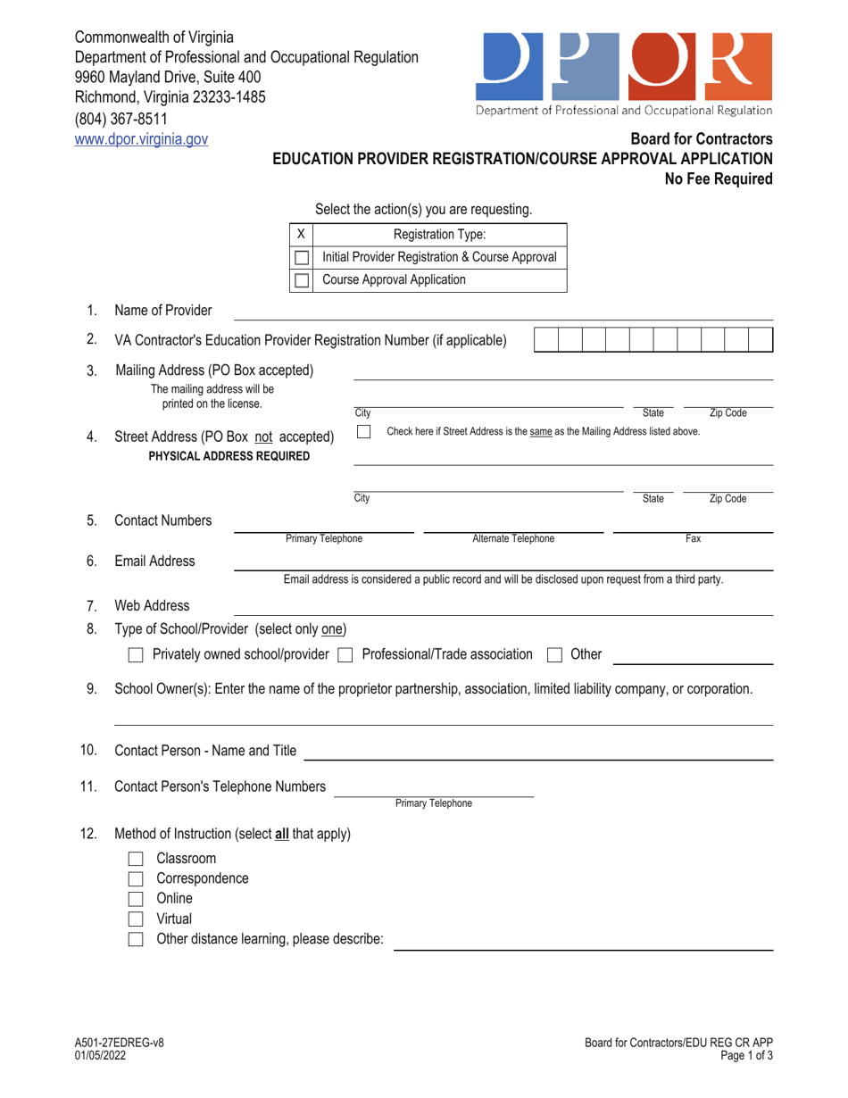 Form A501-27EDREG Education Provider Registration / Course Approval Application - Virginia, Page 1
