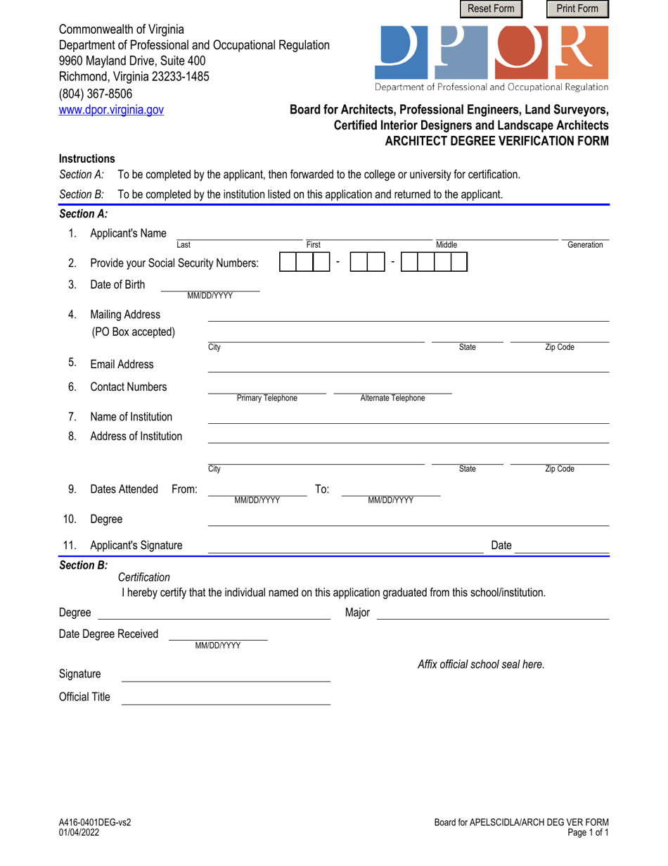 Form A416-0401DEG Architect Degree Verification Form - Virginia, Page 1