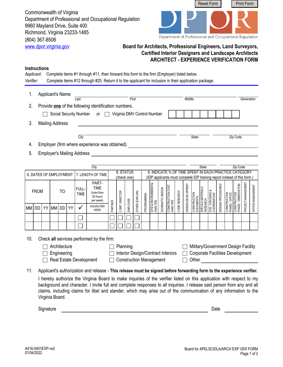 Form A416-0401EXP Architect - Experience Verification Form - Virginia, Page 1