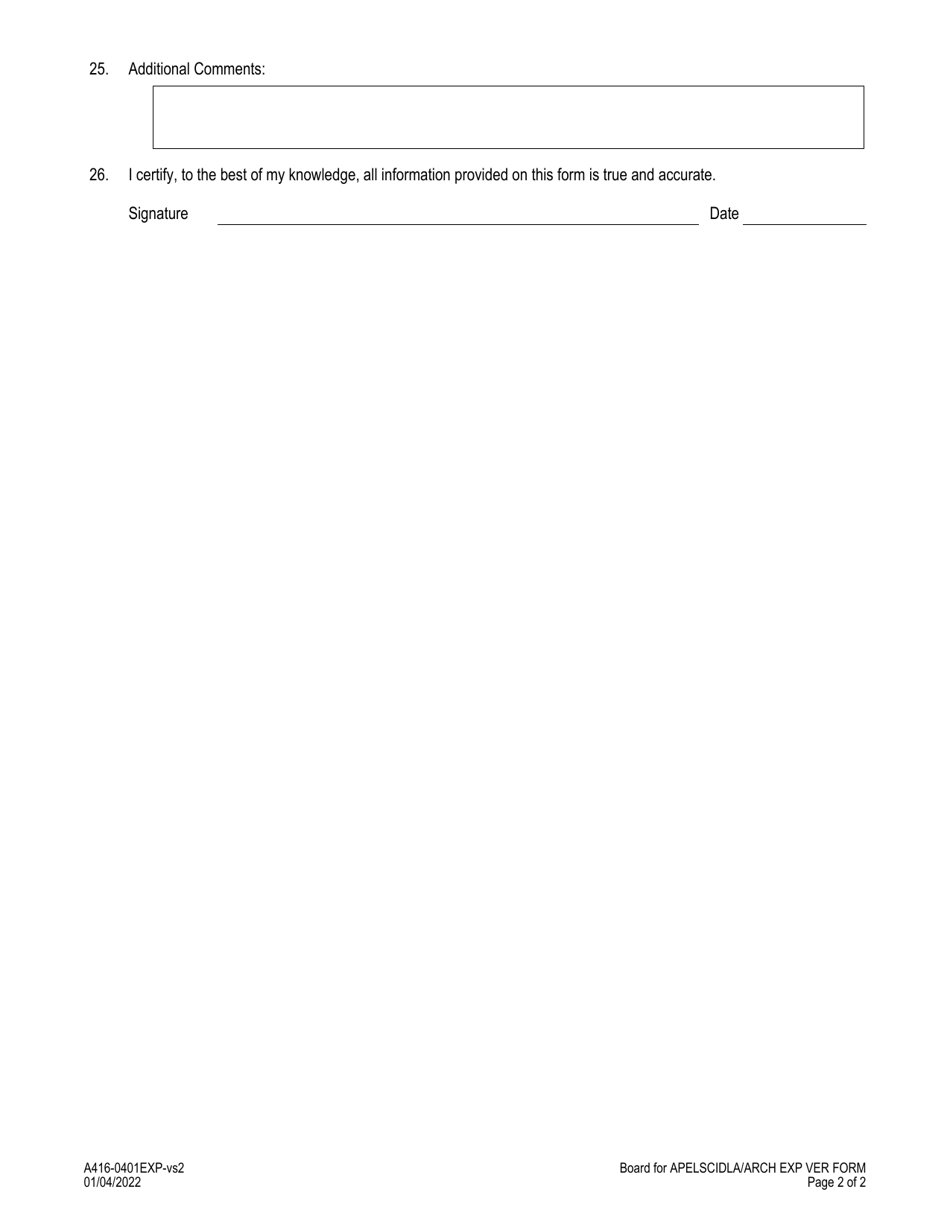 Form A416-0401EXP Architect - Experience Verification Form - Virginia, Page 3