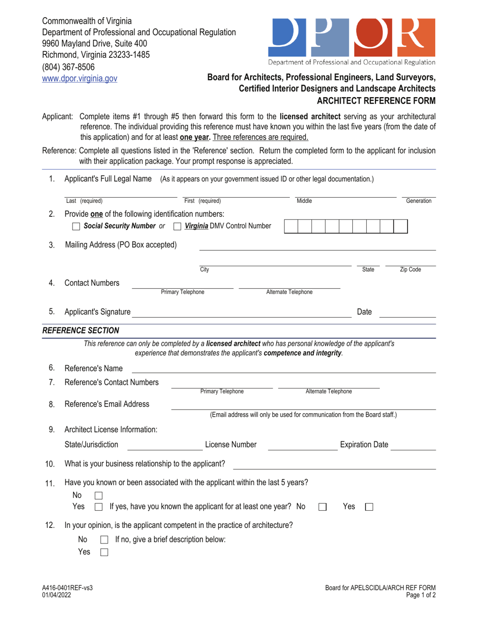 Form A416-0401REF Architect Reference Form - Virginia, Page 1