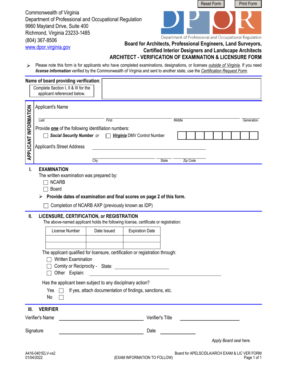 Form A416-0401ELV Architect - Verification of Examination  Licensure Form - Virginia, Page 1