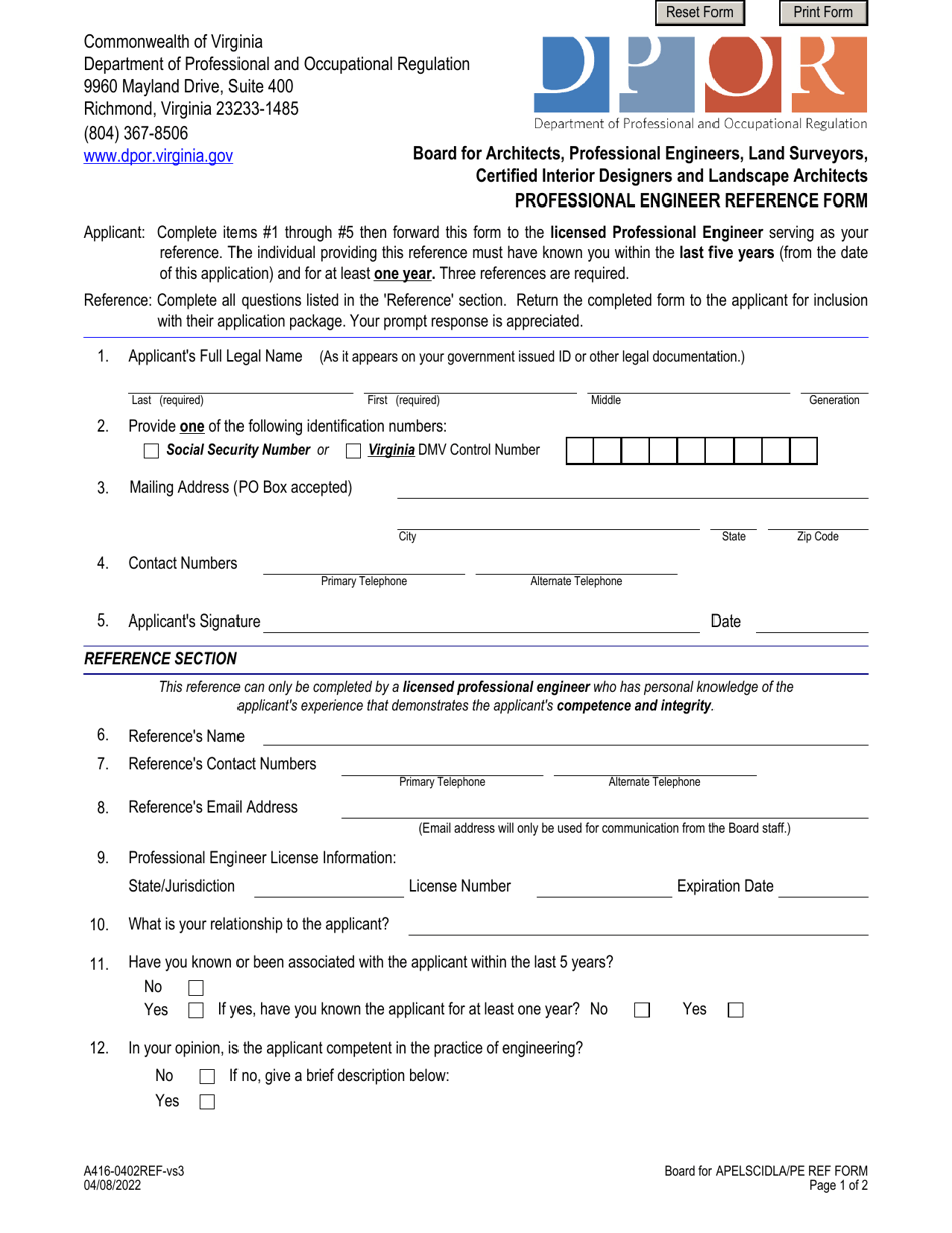 Form A416-0402REF Professional Engineer Reference Form - Virginia, Page 1