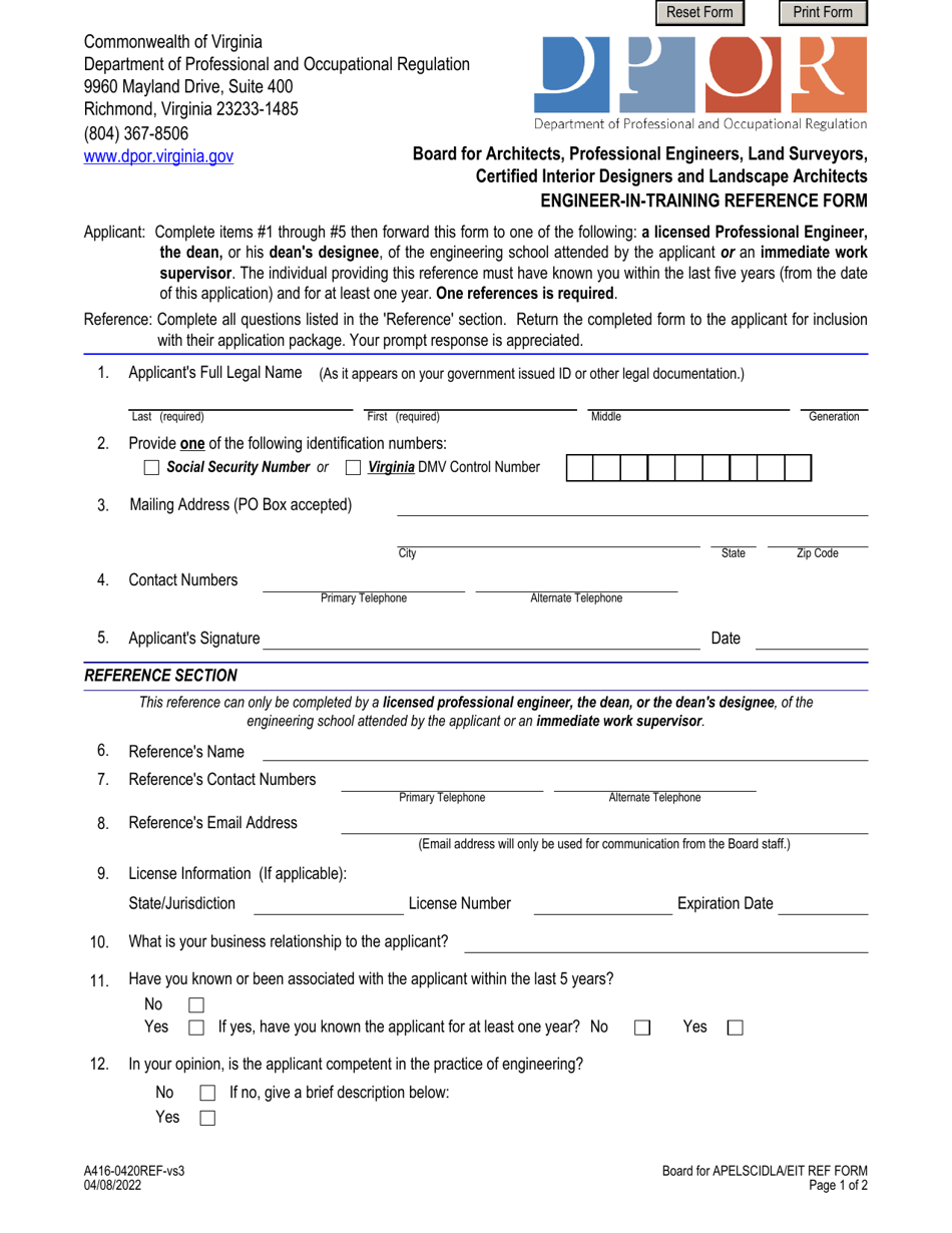 Form A416-0420REF Engineer-In-training Reference Form - Virginia, Page 1