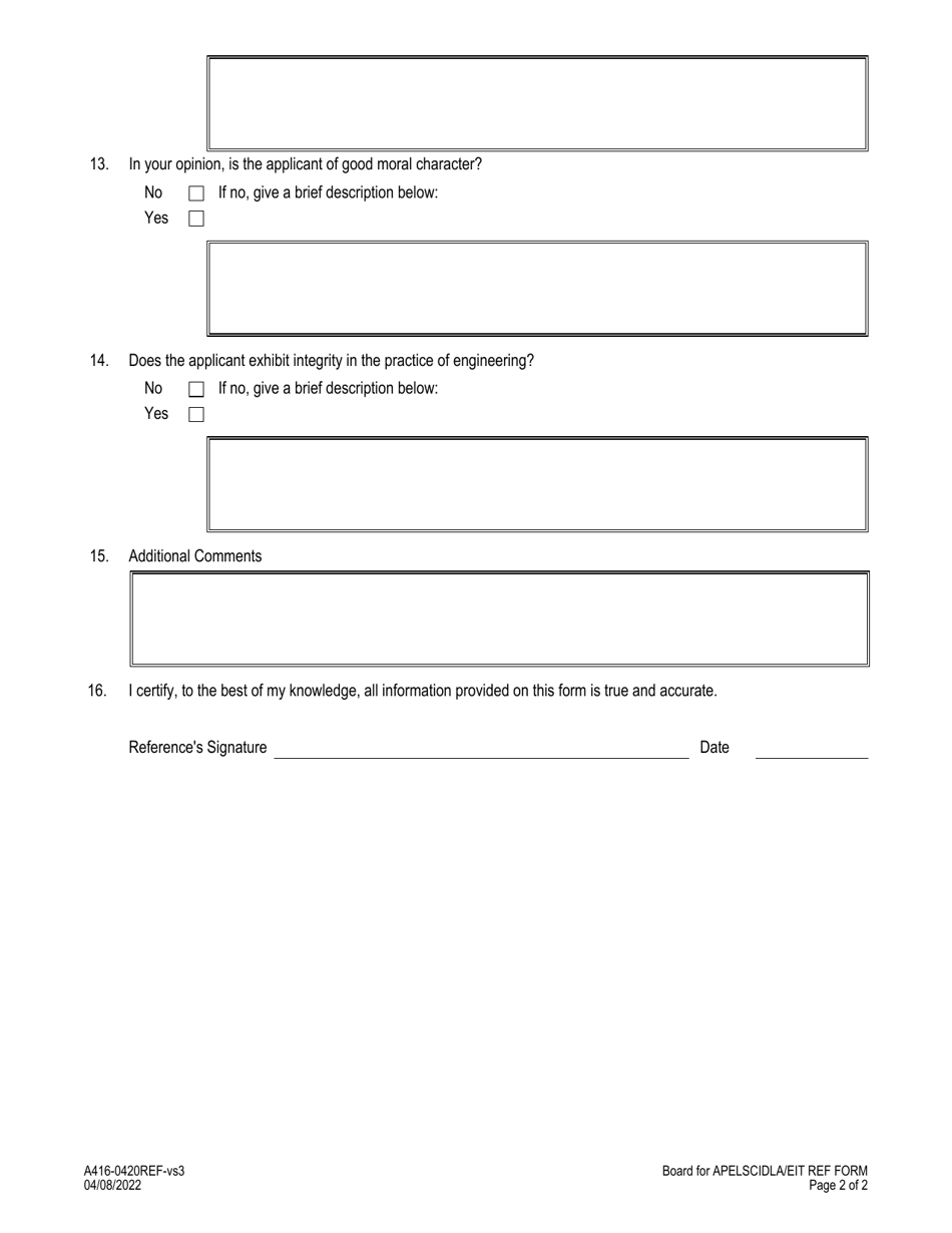Form A416-0420REF Engineer-In-training Reference Form - Virginia, Page 2