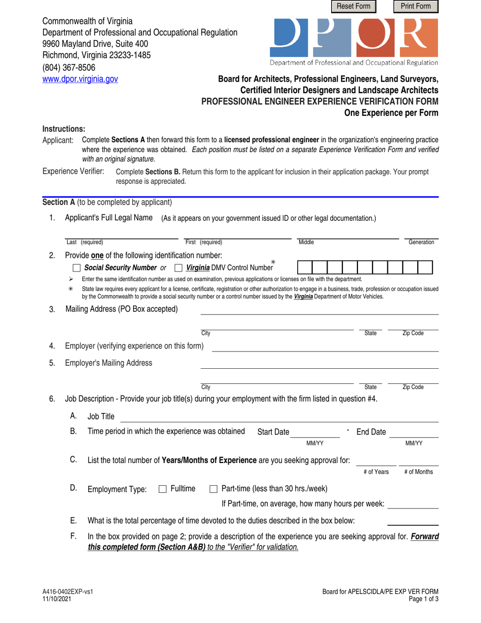 Form A416-0402EXP Professional Engineer Experience Verification Form - Virginia, Page 1