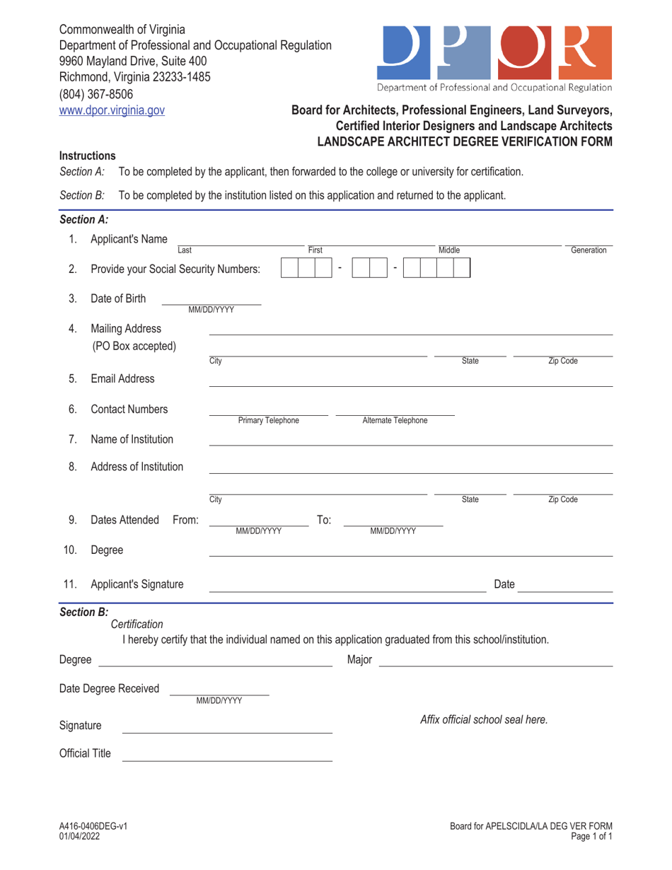 Form A416-0406DEG Landscape Architect Degree Verification Form - Virginia, Page 1
