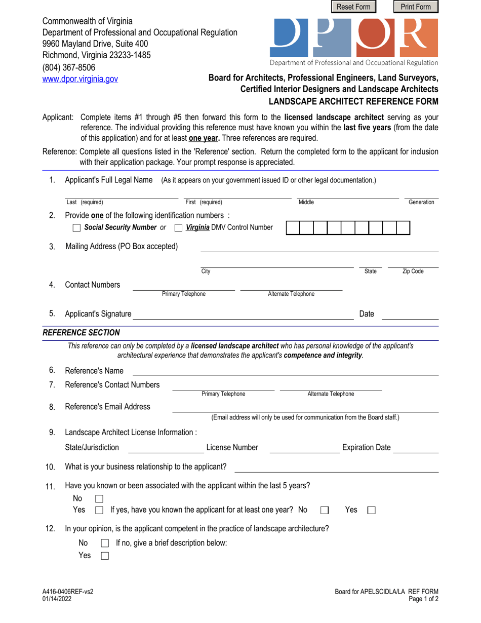 Form A416-0406REF Landscape Architect Reference Form - Virginia, Page 1