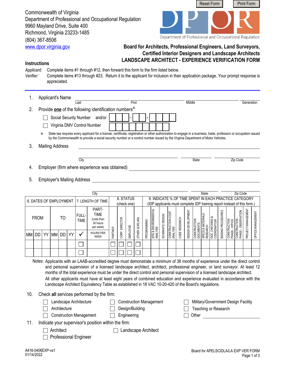 Form A416-0406EXP Landscape Architect - Experience Verification Form - Virginia, Page 1