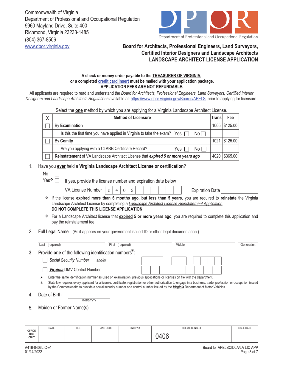 Form A416-0406LIC Landscape Architect License Application - Virginia, Page 3