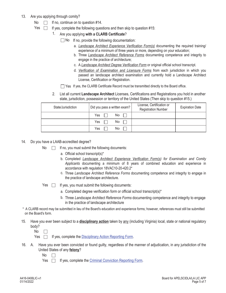 Form A416-0406LIC Landscape Architect License Application - Virginia, Page 5