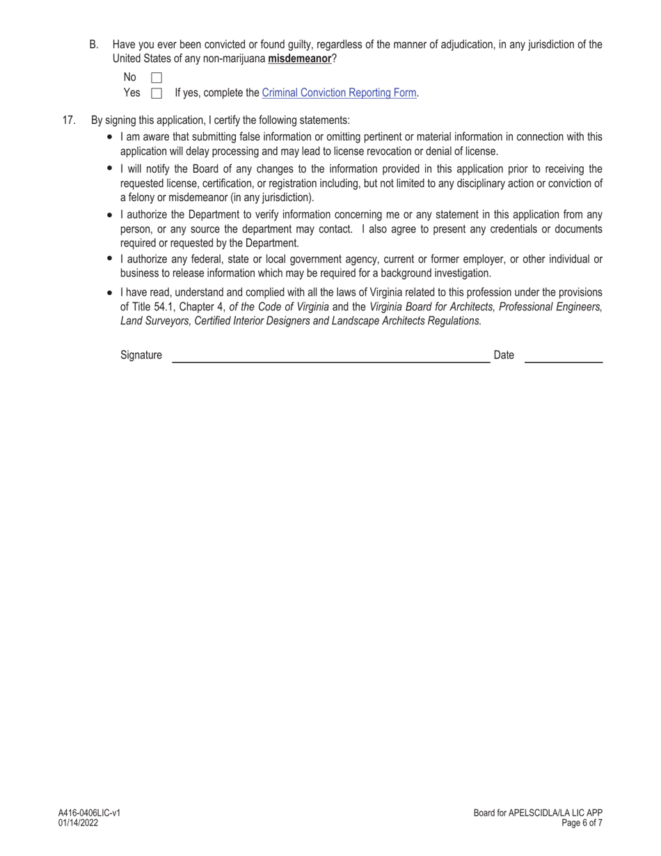 Form A416-0406LIC Landscape Architect License Application - Virginia, Page 6
