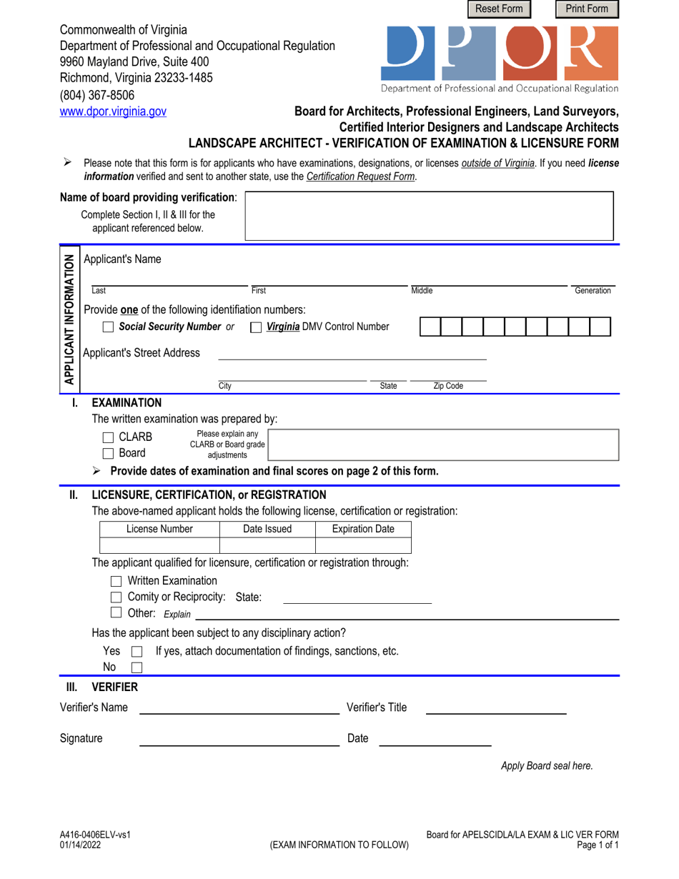 Form A416-0406ELV Landscape Architect - Verification of Examination  Licensure Form - Virginia, Page 1