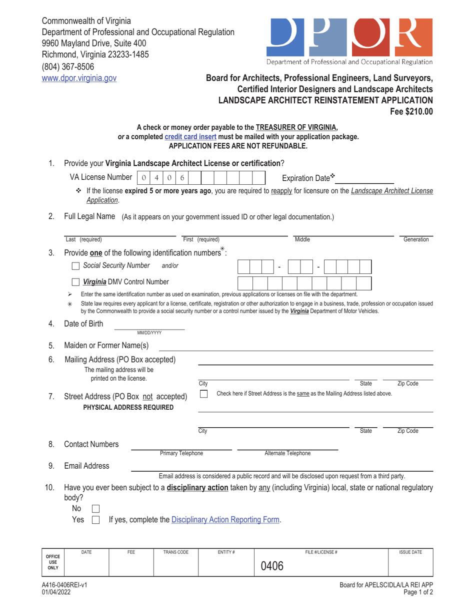 Form A416-0406REI Landscape Architect Reinstatement Application - Virginia, Page 1
