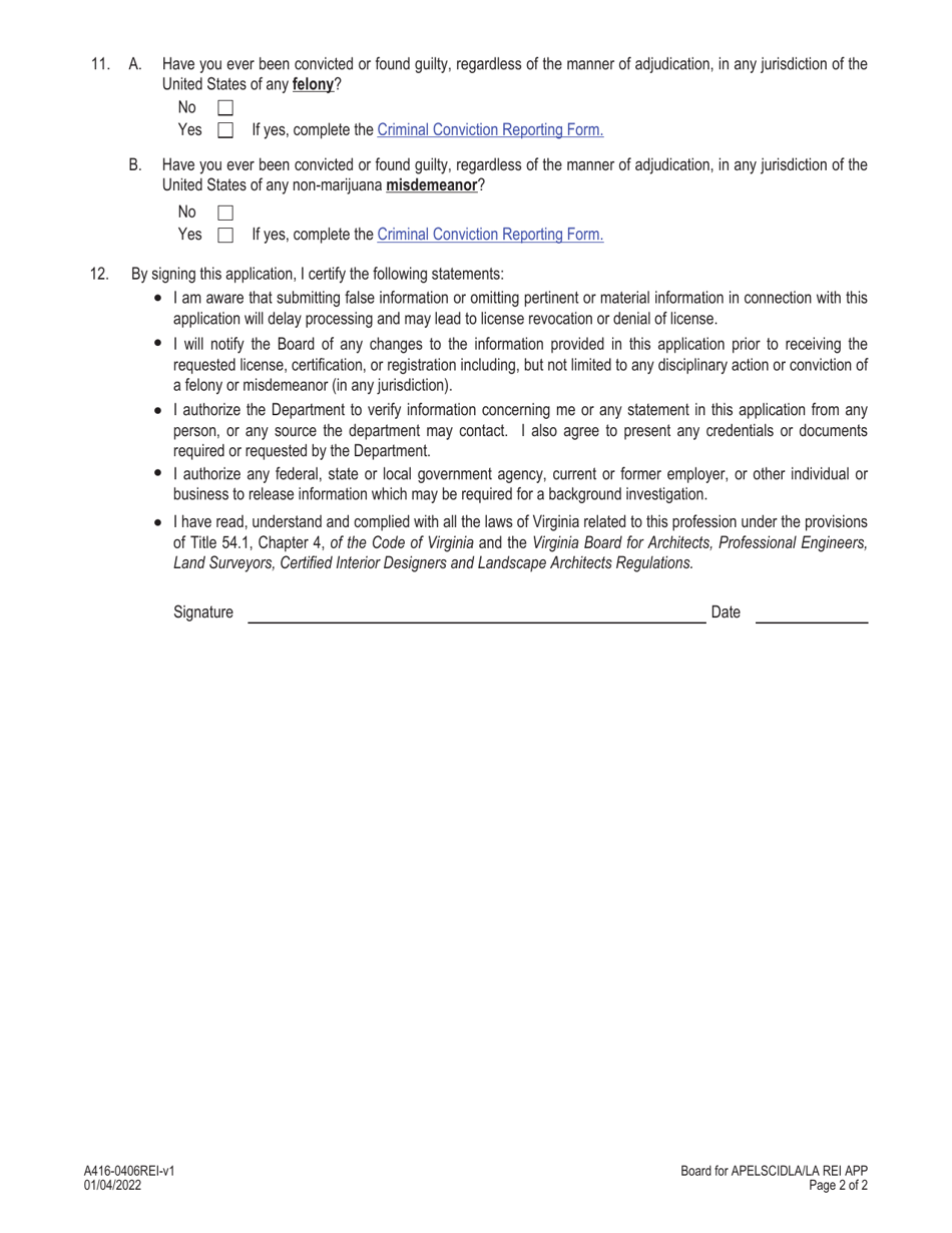 Form A416-0406REI Landscape Architect Reinstatement Application - Virginia, Page 2