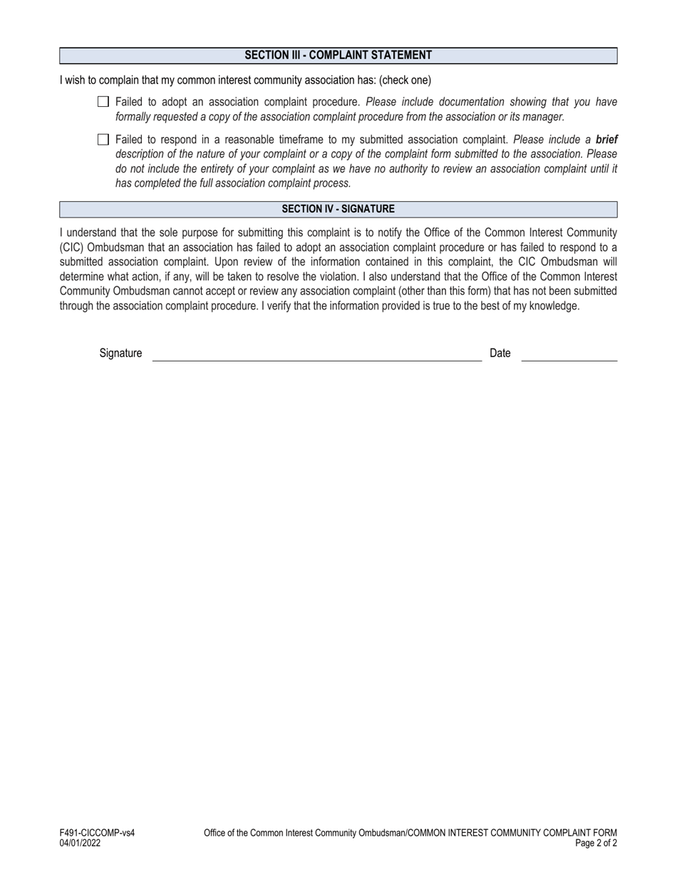 Form F491-CICCOMP Common Interest Community Complaint Form - Virginia, Page 3