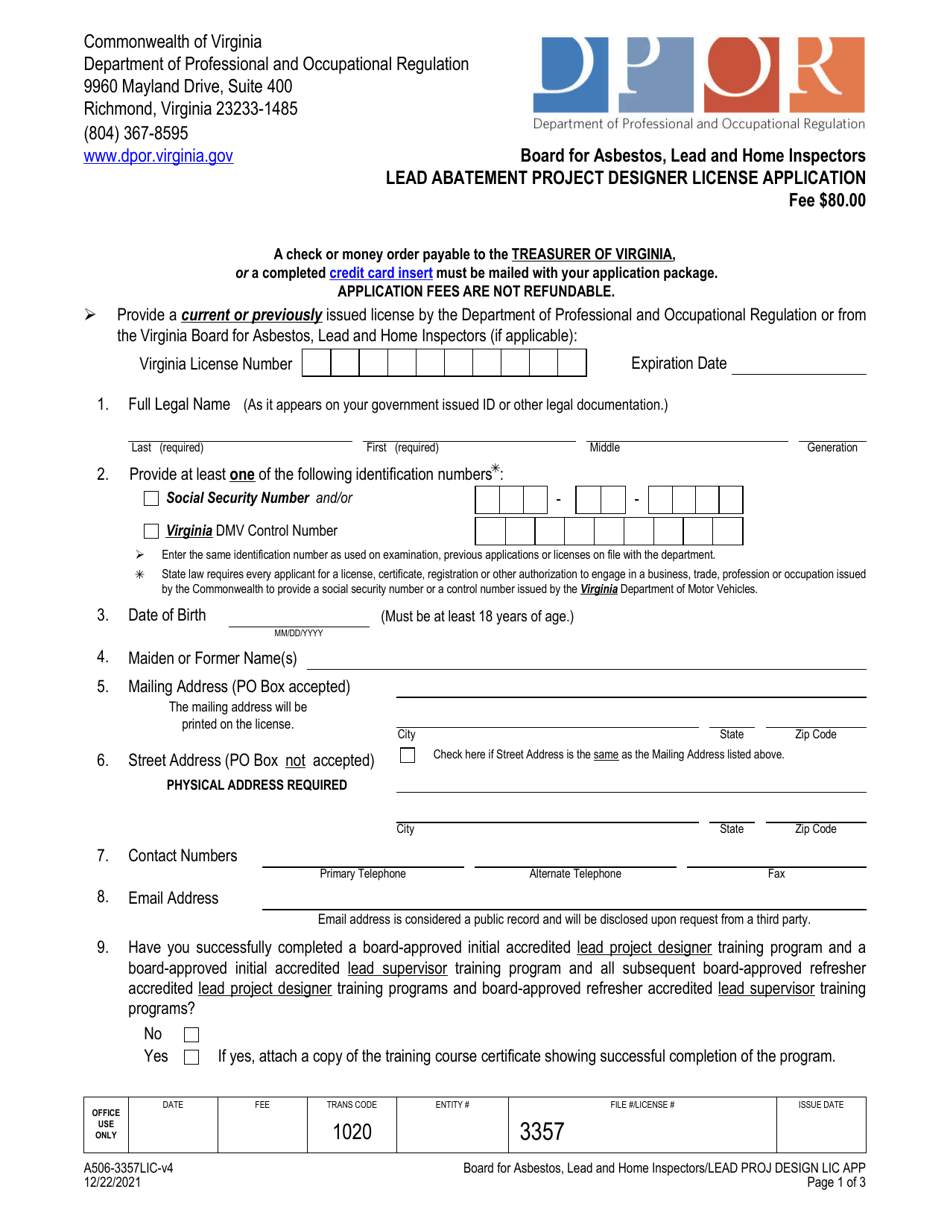 Form A506-3357LIC Lead Abatement Project Designer License Application - Virginia, Page 1