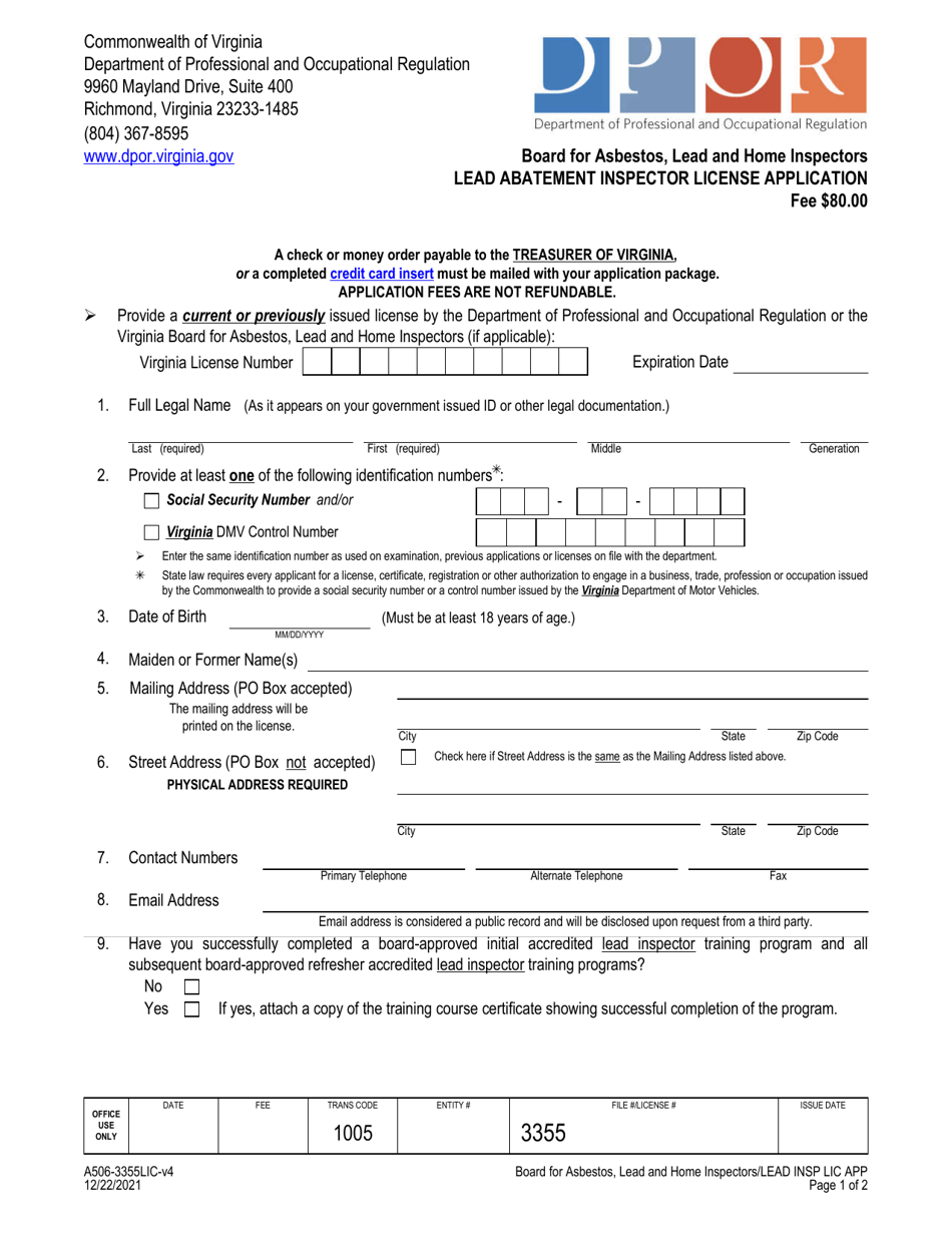 Form A506-3355LIC Lead Abatement Inspector License Application - Virginia, Page 1