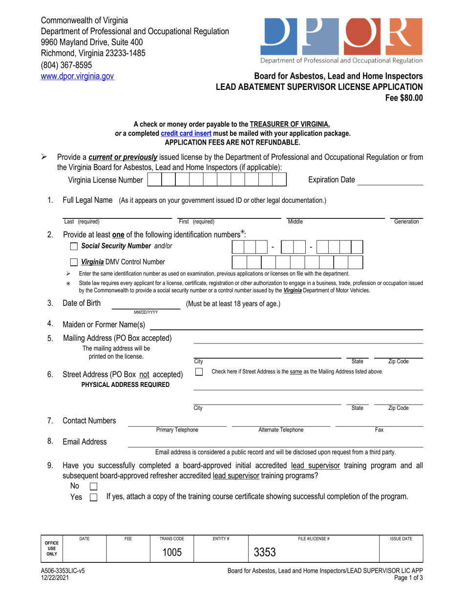 Form A506-3353LIC Lead Abatement Supervisor License Application - Virginia, Page 1