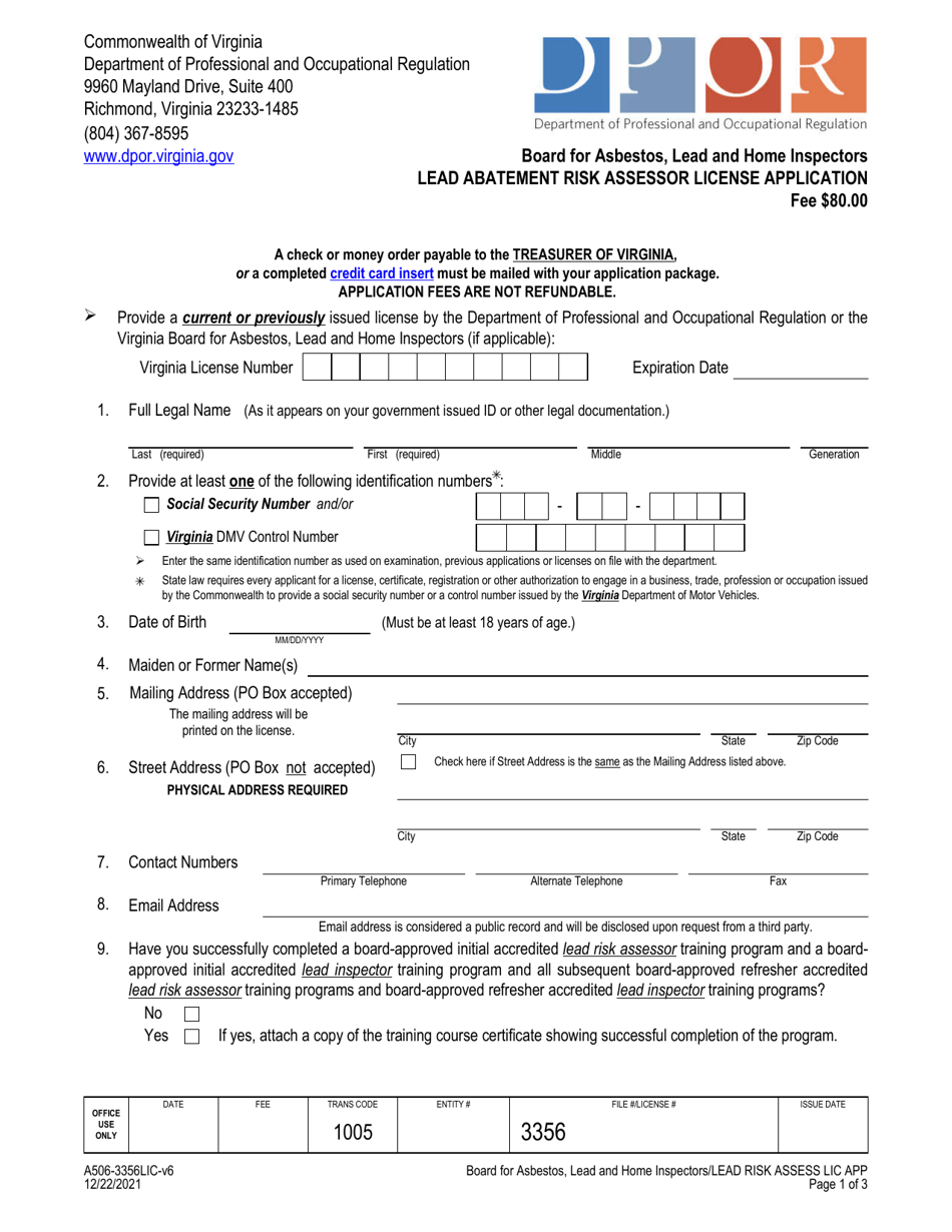 Form A506-3356LIC Lead Abatement Risk Assessor License Application - Virginia, Page 1