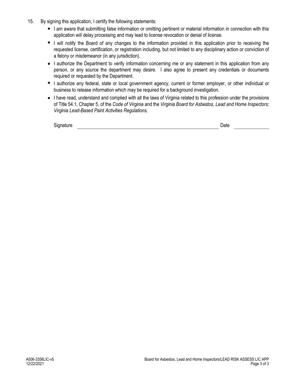 Form A506-3356LIC Lead Abatement Risk Assessor License Application - Virginia, Page 3