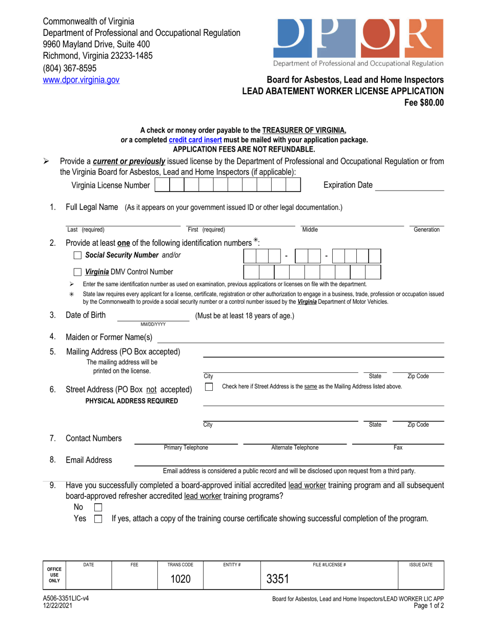 Form A506-3351LIC Lead Abatement Worker License Application - Virginia, Page 1