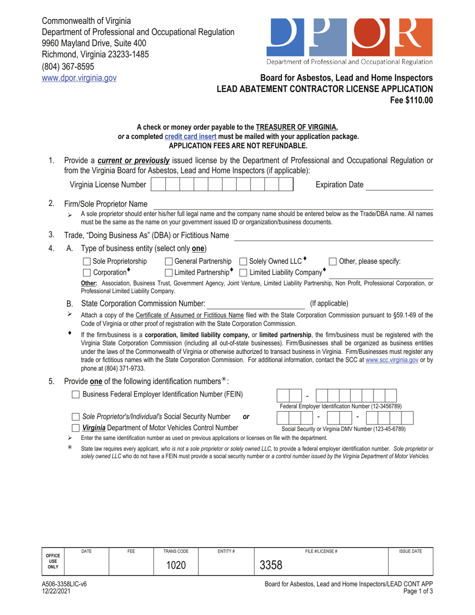 Form A506-3358LIC Lead Abatement Contractor License Application - Virginia, Page 1
