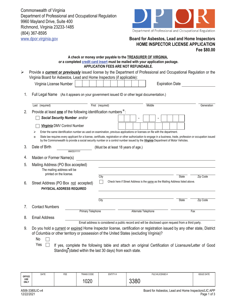 Form A506-3380LIC Home Inspector License Application - Virginia, Page 1