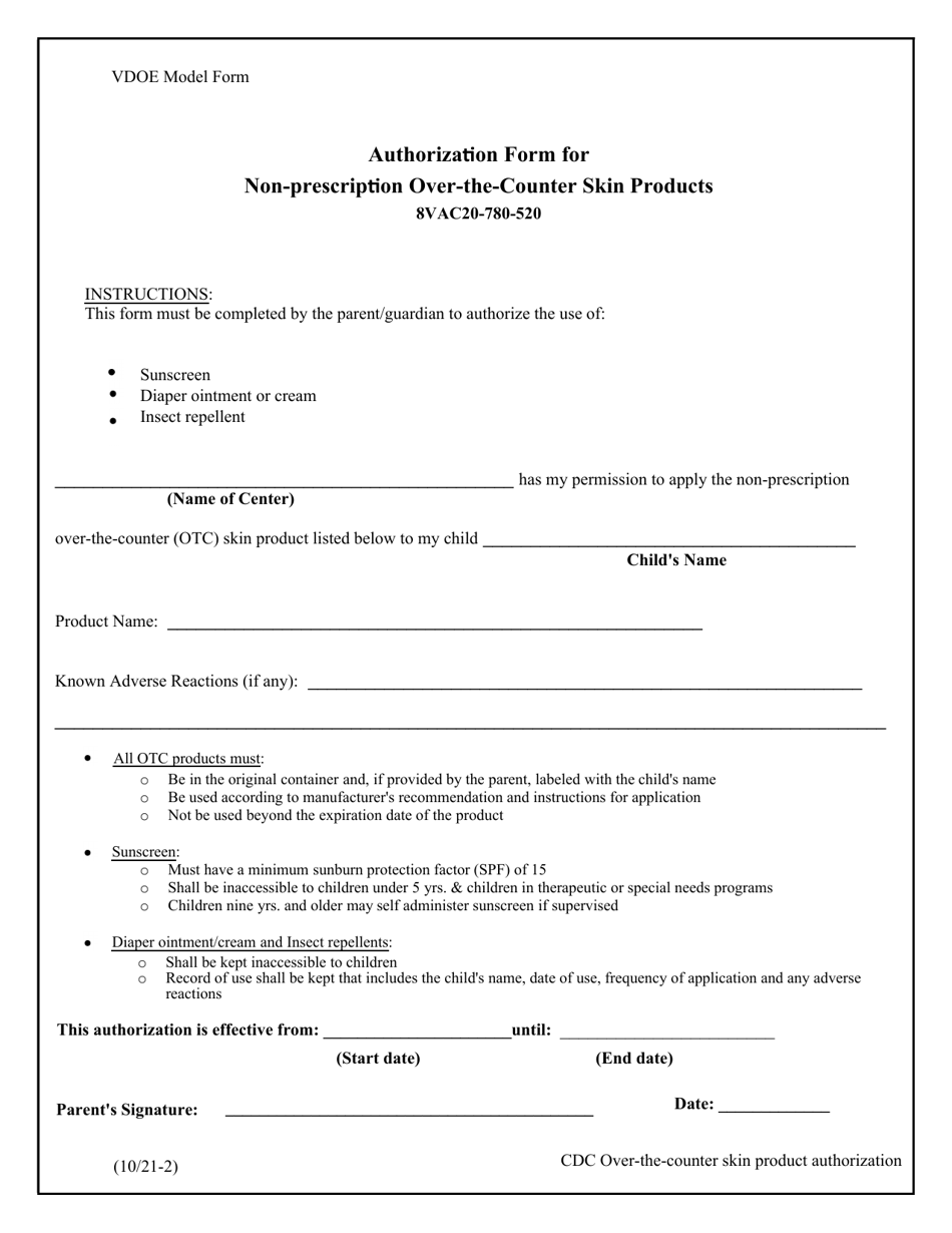 Authorization Form for Non-prescription Over-the-Counter Skin Products - Virginia, Page 1