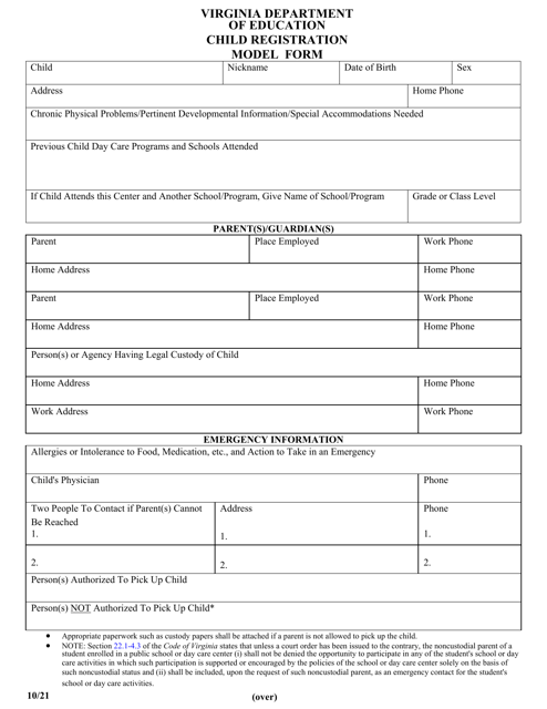 Child Registration Model Form - Virginia Download Pdf