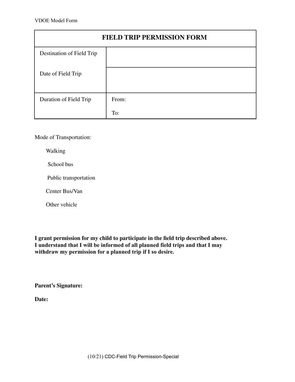 Field Trip Permission Form - Special - Virginia, Page 1