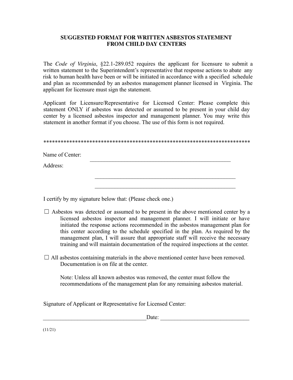 Suggested Format for Written Asbestos Statement From Child Day Centers - Virginia, Page 1