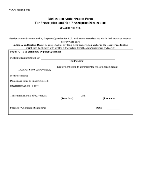 Medication Authorization Form for Prescription and Non-prescription Medications - Virginia Download Pdf