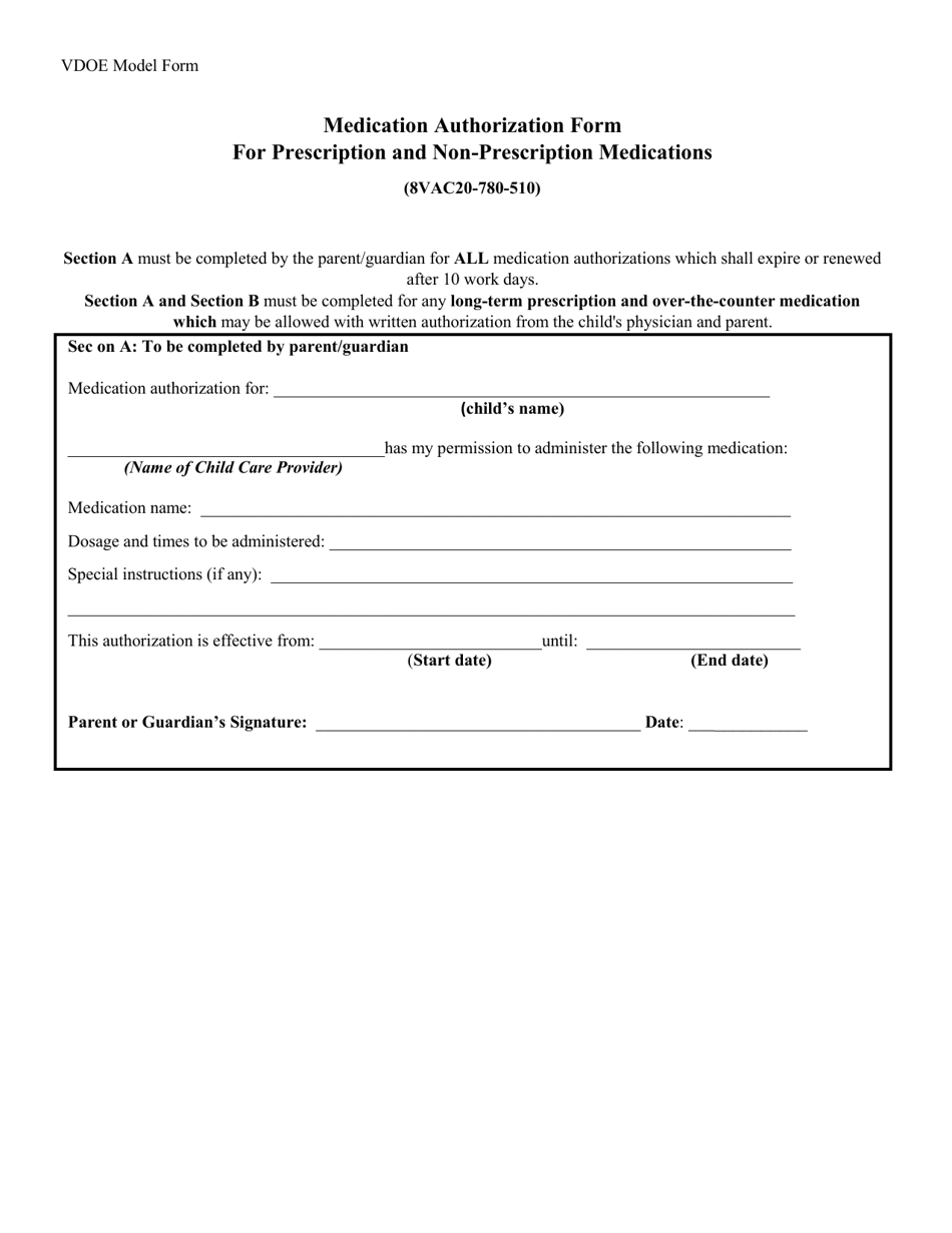 Medication Authorization Form for Prescription and Non-prescription Medications - Virginia, Page 1