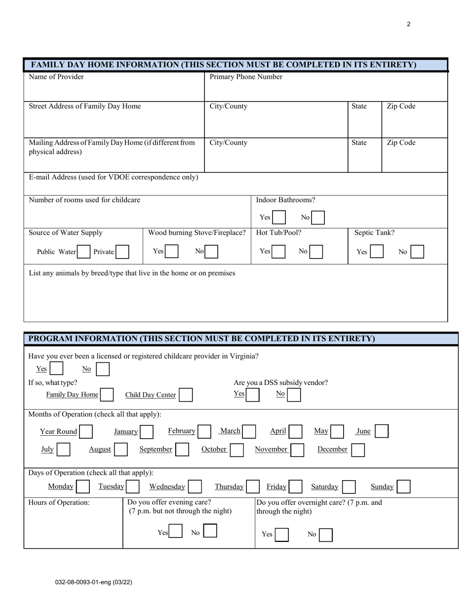 Form 032-08-0093-01-ENG Initial Application for a License to Operate a Family Day Home (Fdh) - Virginia, Page 2