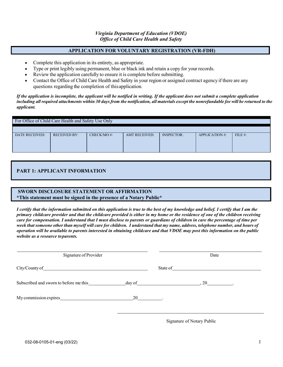 Form 032-08-0105-01-ENG Application for Voluntary Registration (Vr-Fdh) - Virginia, Page 1