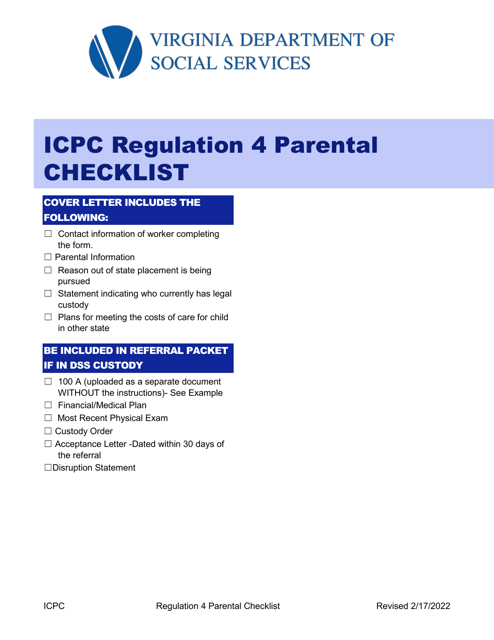 Icpc Regulation 4 Parental Checklist - Virginia