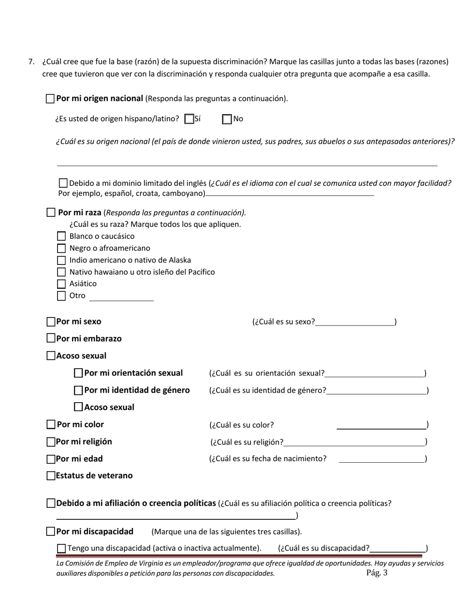 Formulario De Queja Por Discriminacion De Igualdad De Oportunidades - Virginia (Spanish), Page 3