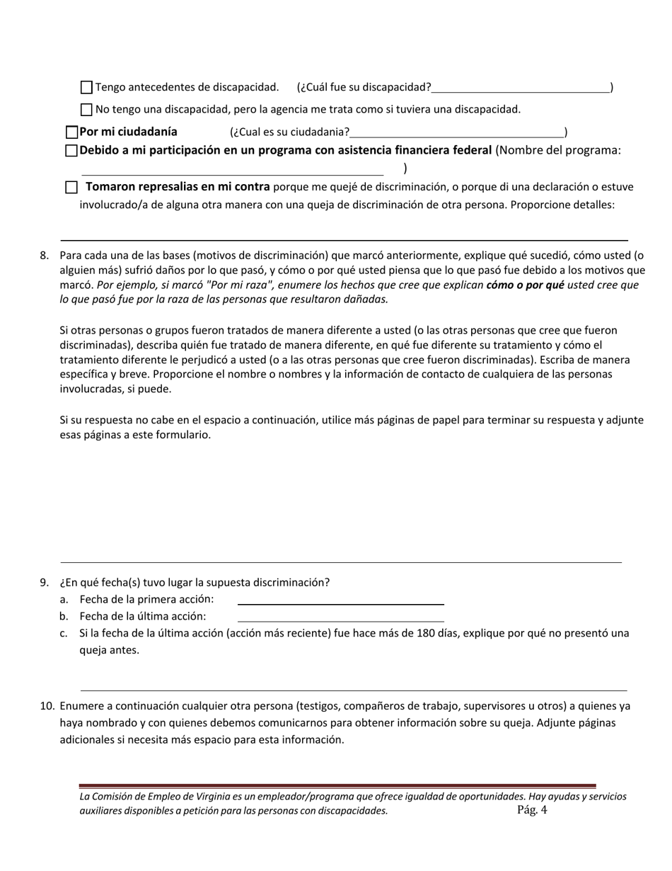Formulario De Queja Por Discriminacion De Igualdad De Oportunidades - Virginia (Spanish), Page 4