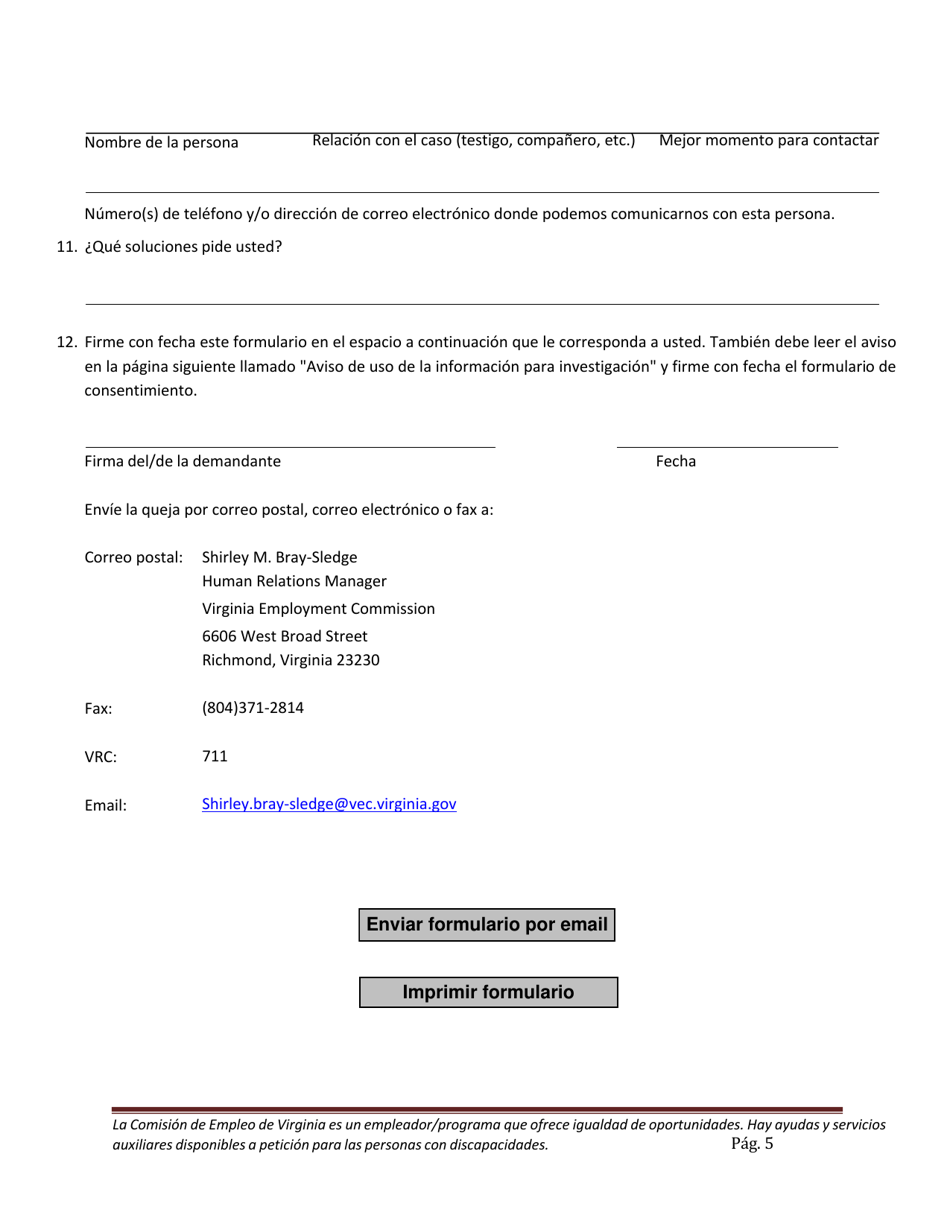 Formulario De Queja Por Discriminacion De Igualdad De Oportunidades - Virginia (Spanish), Page 5