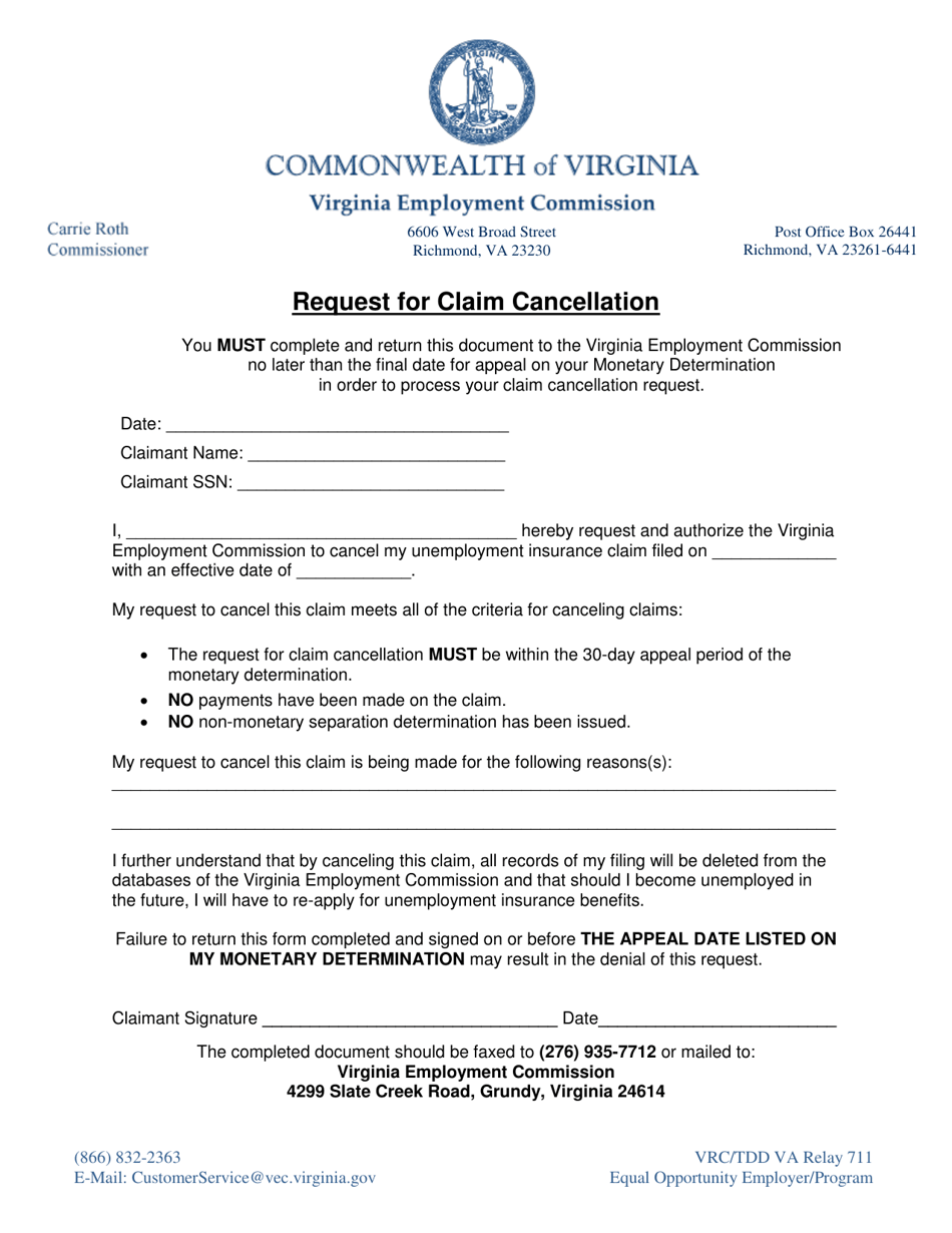 Request for Claim Cancellation - Virginia, Page 1
