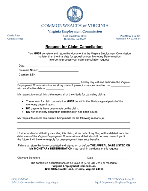 Request for Claim Cancellation - Virginia Download Pdf