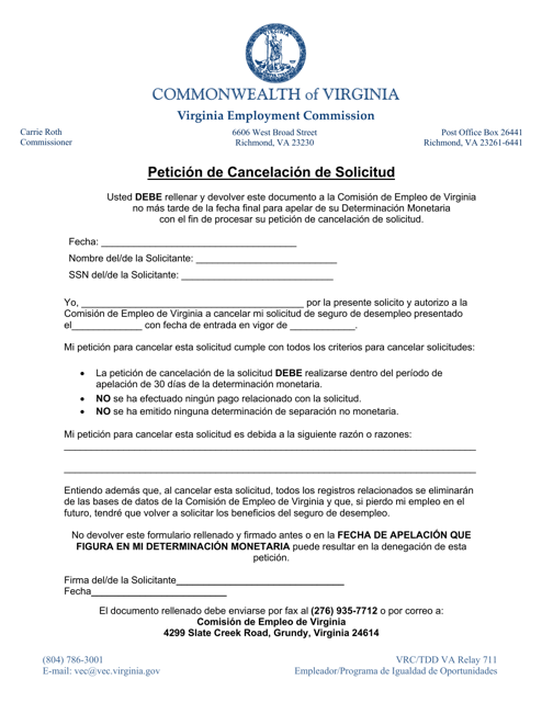 Peticion De Cancelacion De Solicitud - Virginia (Spanish)